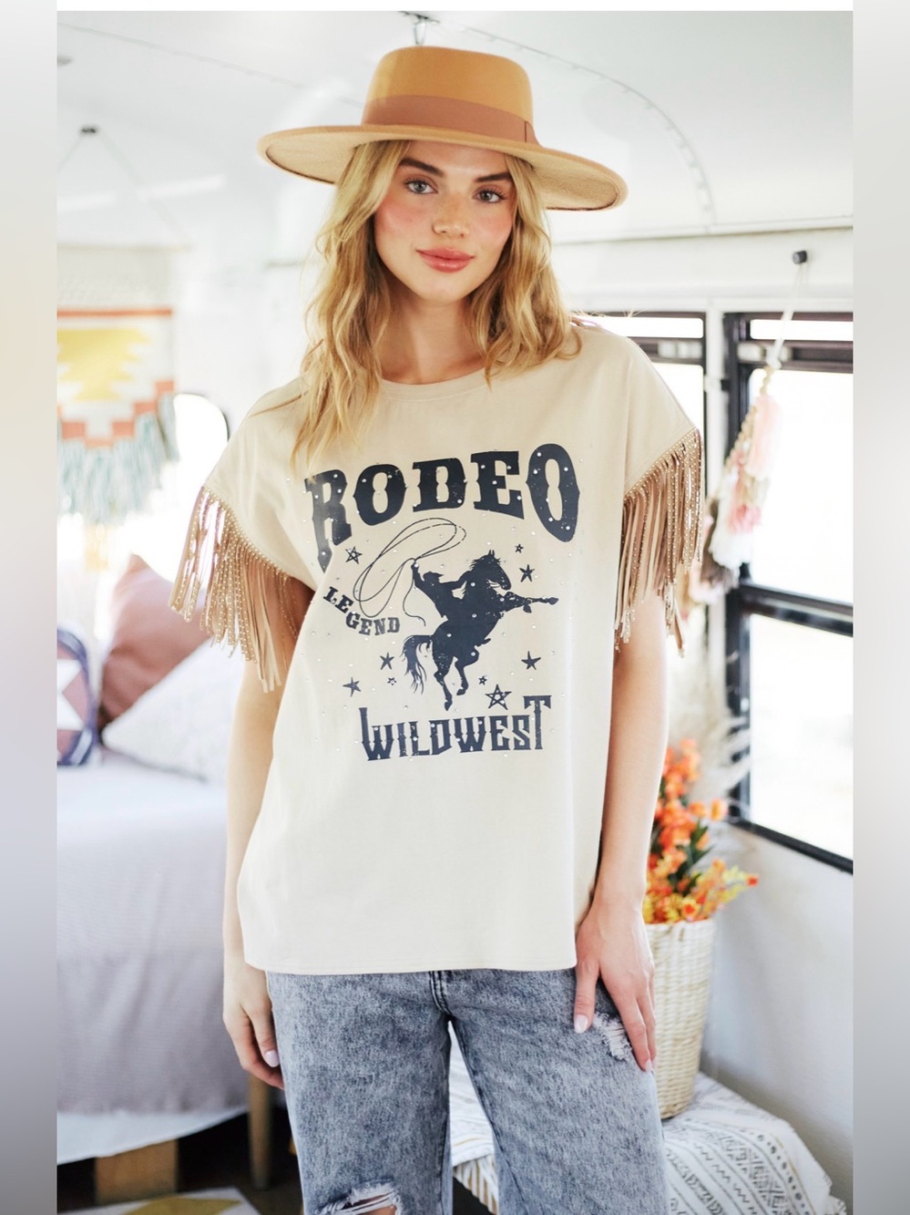Fantastic Fawn Cream Rodeo Graphic Tee with Studded Fringe